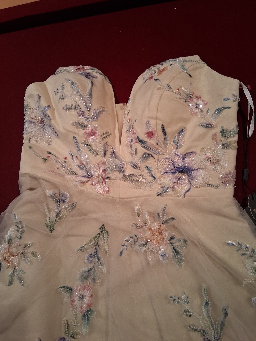 Number sea strapless sequence floral wedding gown, high low, all over beading,
